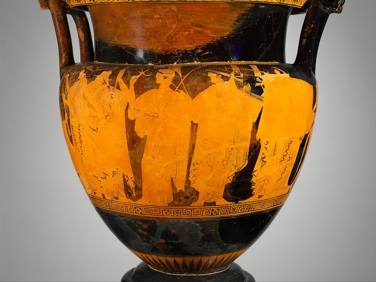 Terracotta psykter-column-krater (vase for chilling and mixing wine and water), Attributed to the Troilos Painter, Terracotta, Greek, Attic