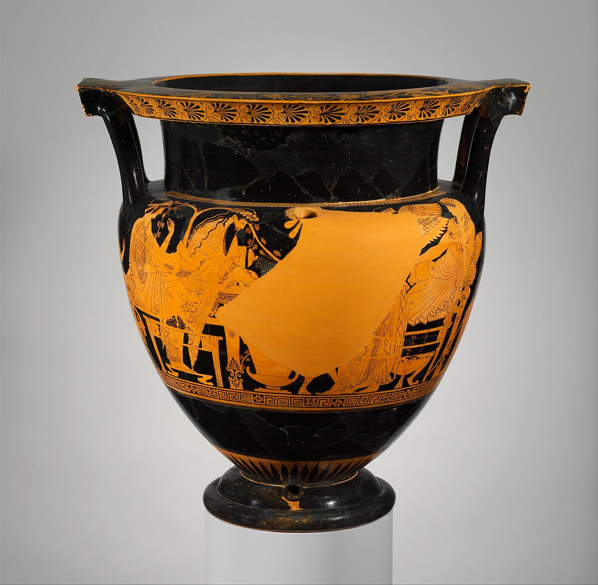 Terracotta psykter-column-krater (vase for chilling and mixing wine and water), Attributed to the Troilos Painter, Terracotta, Greek, Attic 
