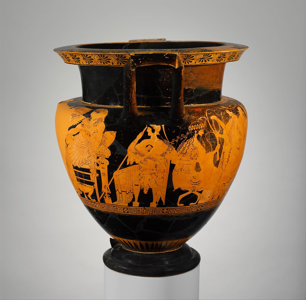 Terracotta psykter-column-krater (vase for chilling and mixing wine and water), Attributed to the Troilos Painter, Terracotta, Greek, Attic
