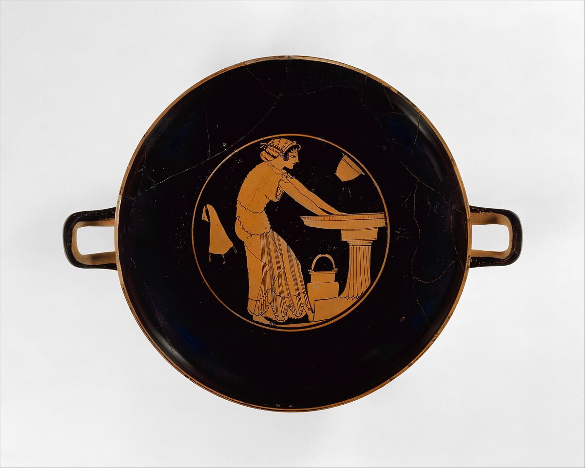 Terracotta kylix (drinking cup), Attributed to Douris, Terracotta, Greek, Attic 