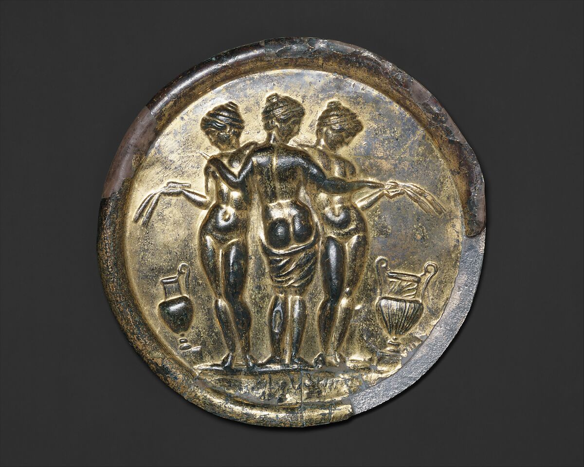 Gilded bronze mirror with the Three Graces, Bronze, silver, gold, speculum, Roman 