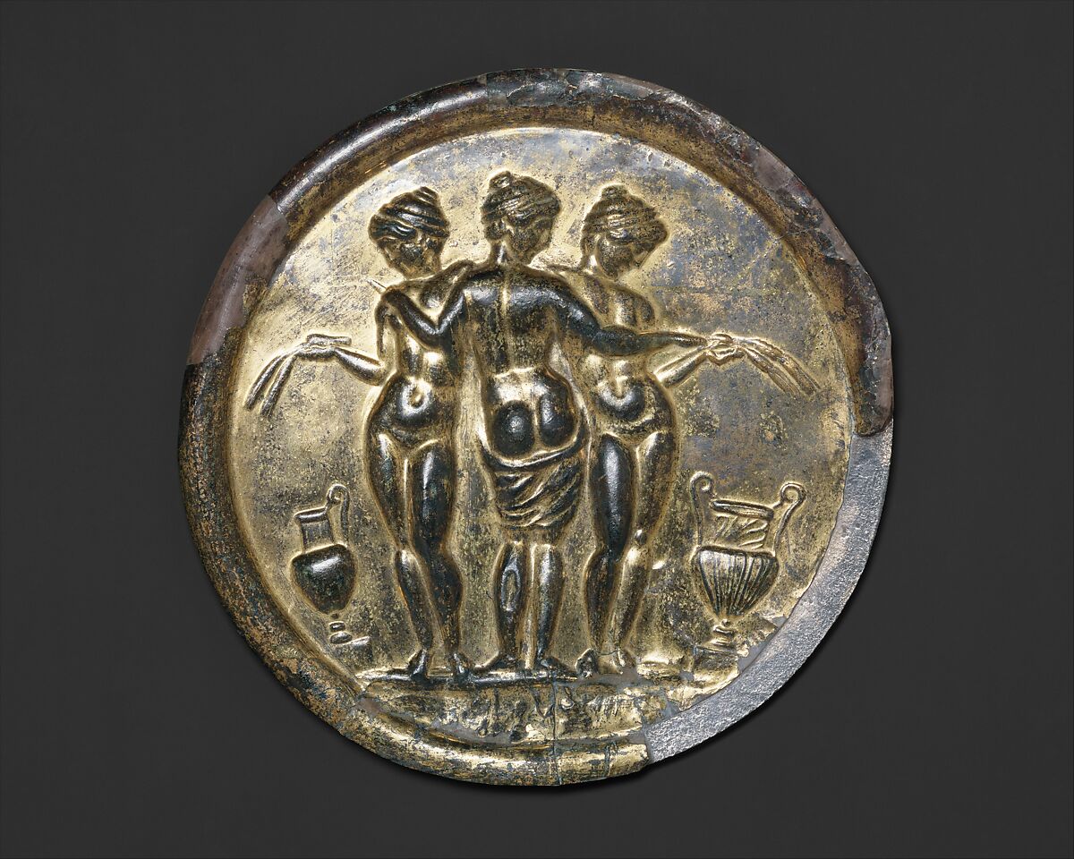 Gilded bronze mirror with the Three Graces, Bronze, silver, gold, speculum, Roman