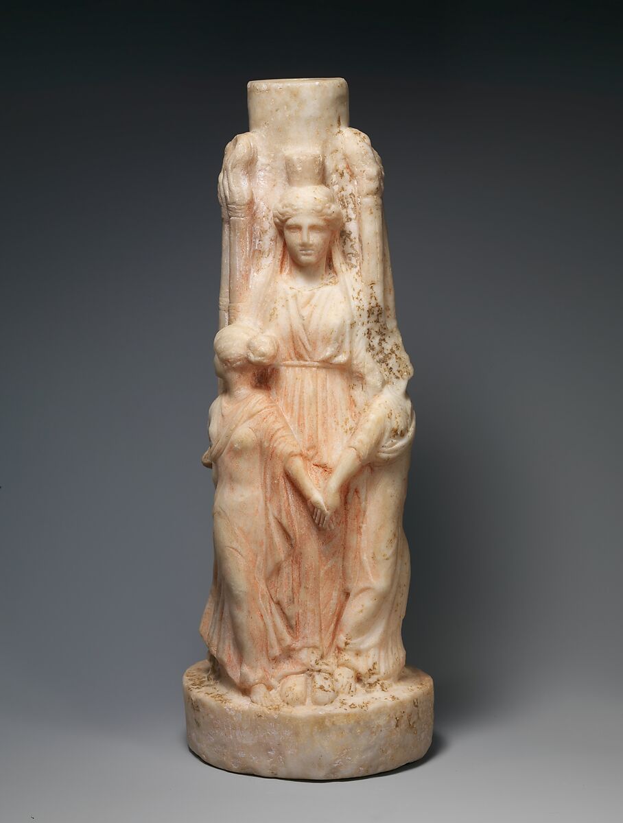 Marble hekataion (statuette of triple-bodied Hekate) and the three Graces, Marble, Roman