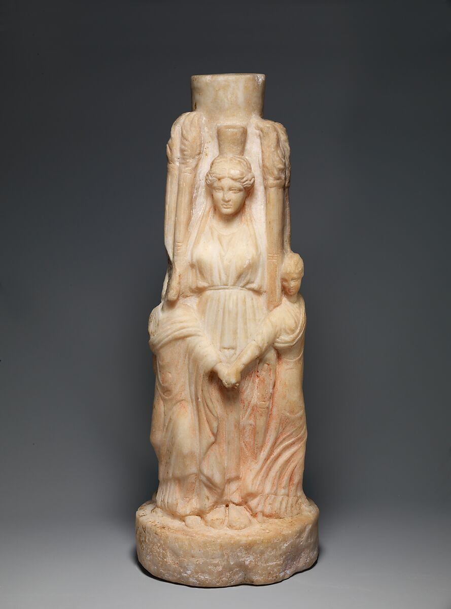 Marble hekataion (statuette of triple-bodied Hekate) and the three Graces, Marble, Roman