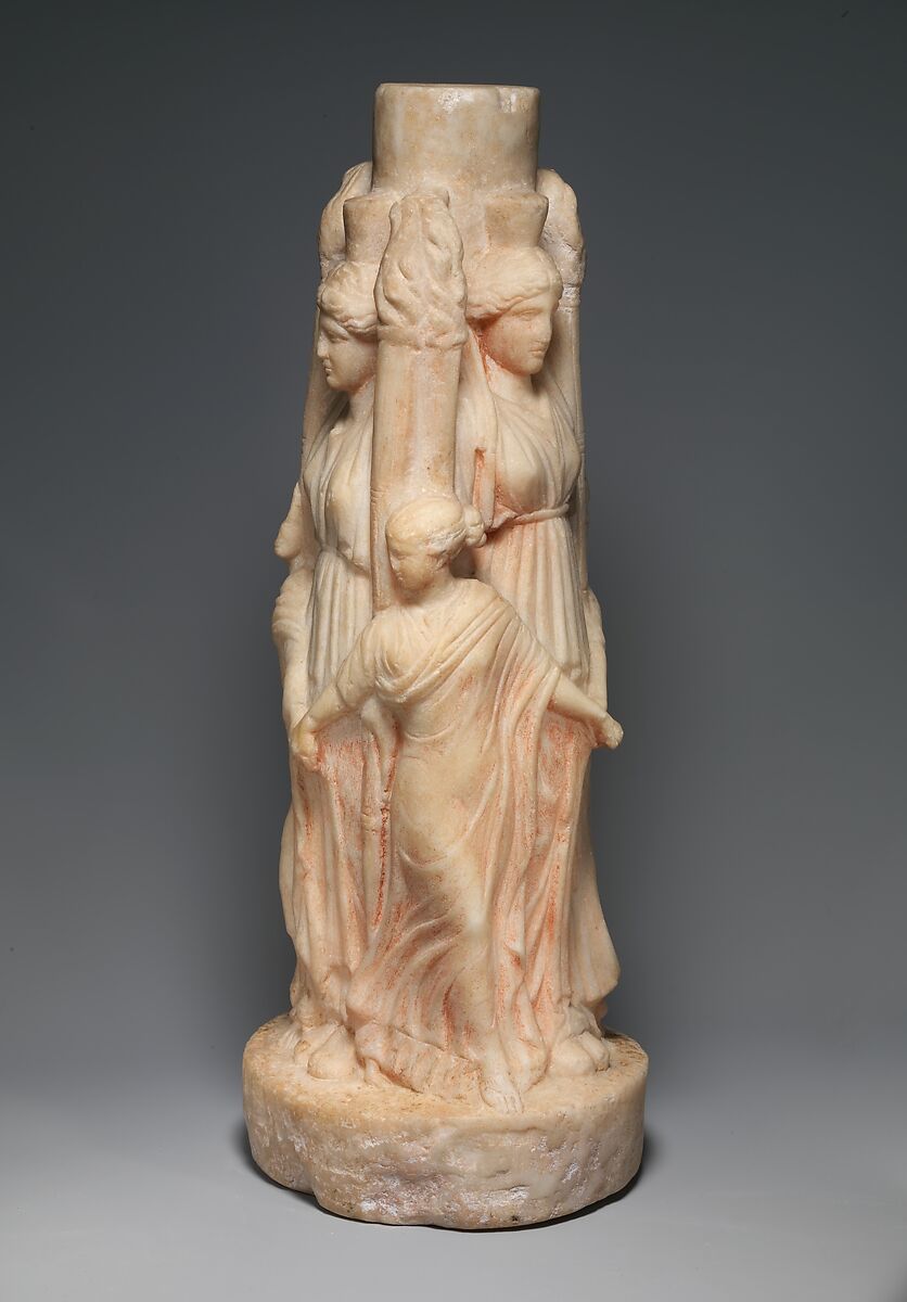 Marble hekataion (statuette of triple-bodied Hekate) and the three Graces, Marble, Roman