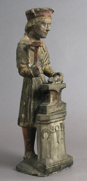 Sculpture of Saint Eloi Working on an Anvil in the Style of the 16th Century, Limestone, polychromy, French