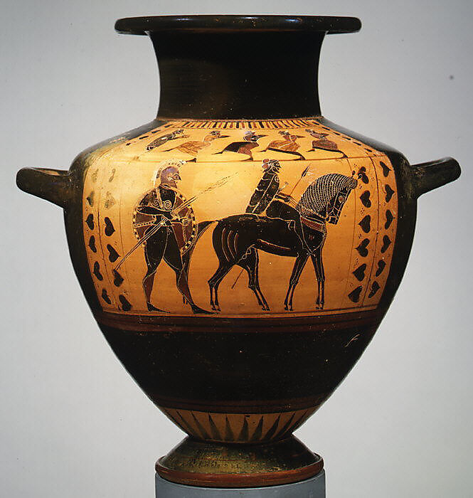 Terracotta hydria (water jar), Attributed to the Circle of the Lydos, Terracotta, Greek, Attic