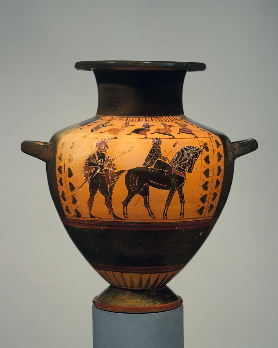 Terracotta hydria (water jar), Attributed to the Circle of the Lydos, Terracotta, Greek, Attic 