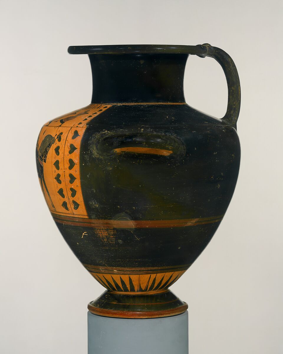 Terracotta hydria (water jar), Attributed to the Circle of the Lydos, Terracotta, Greek, Attic