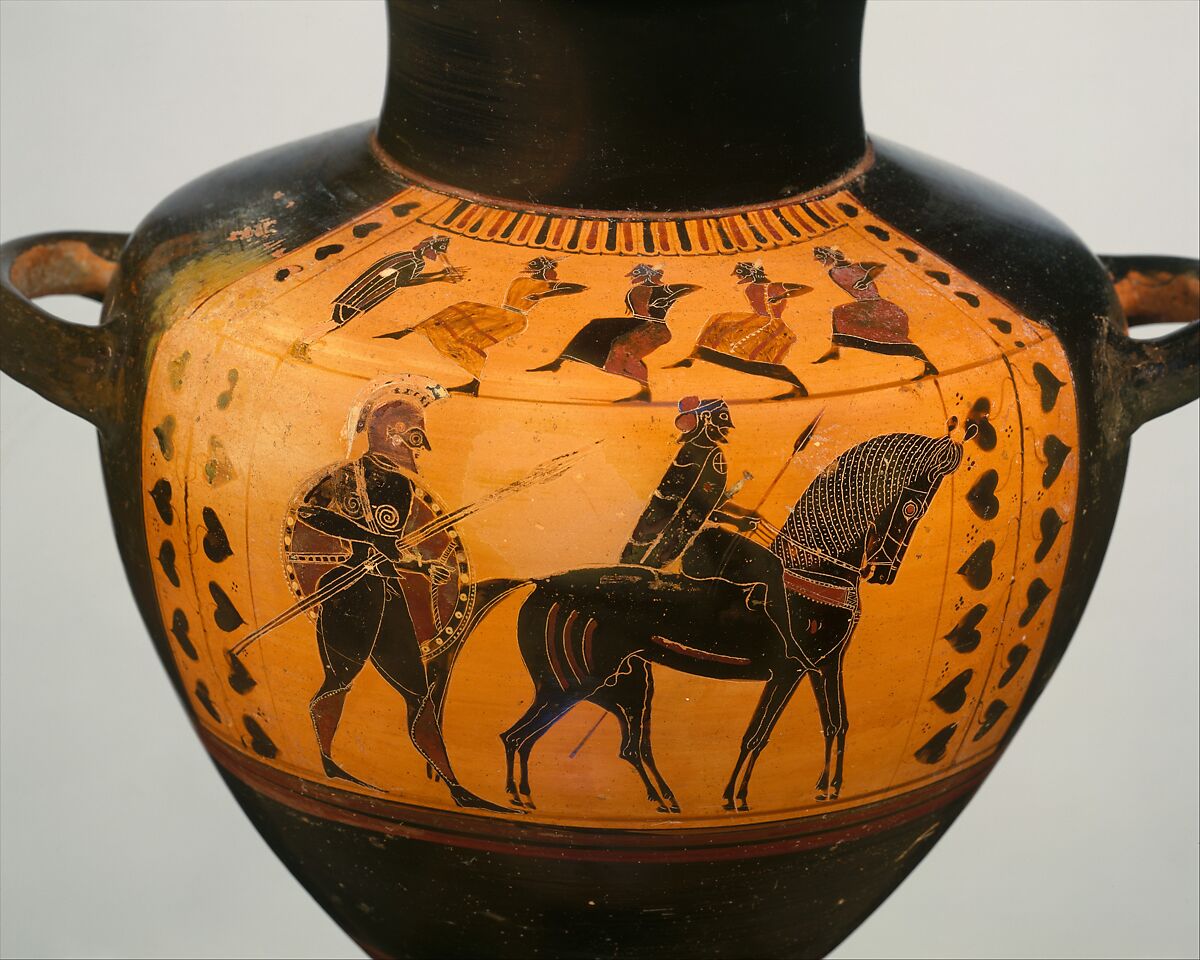 Terracotta hydria (water jar), Attributed to the Circle of the Lydos, Terracotta, Greek, Attic