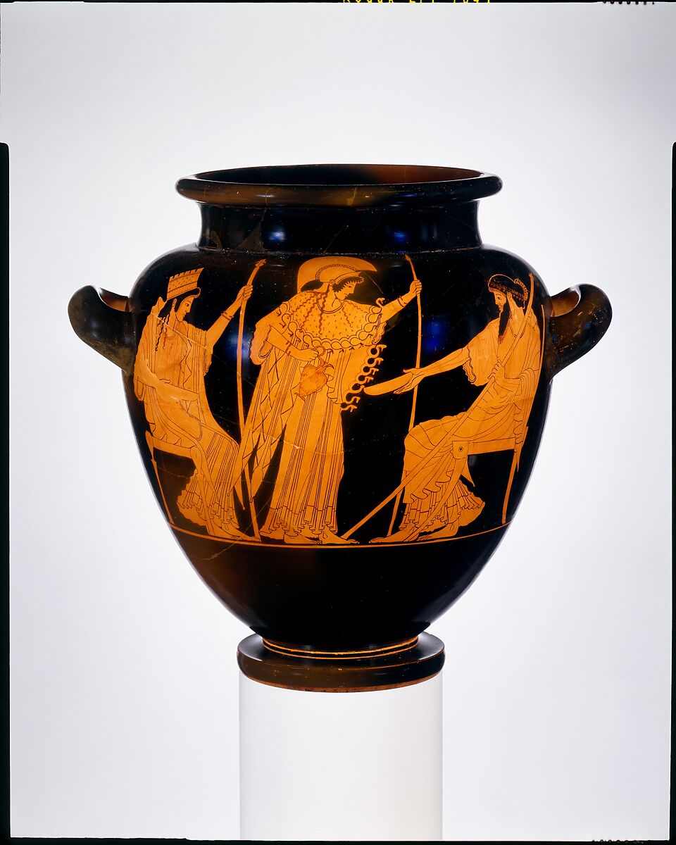Terracotta stamnos (jar), Attributed to the Berlin Painter, Terracotta, Greek, Attic 