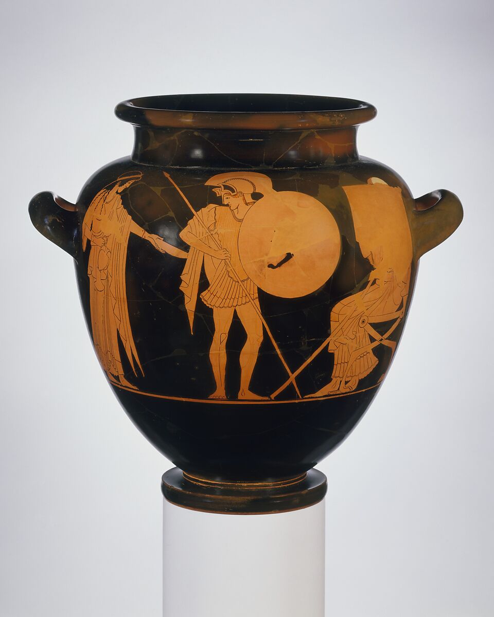 Terracotta stamnos (jar), Attributed to the Berlin Painter, Terracotta, Greek, Attic