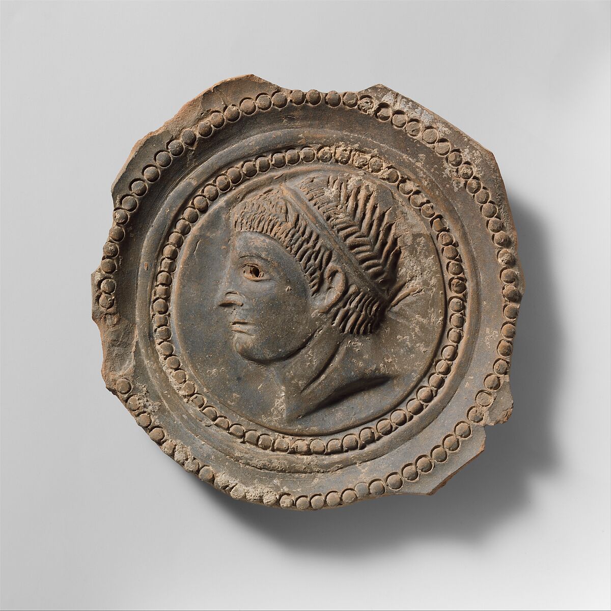 Fragmentary terracotta bowl with tondo, Terracotta, Roman 