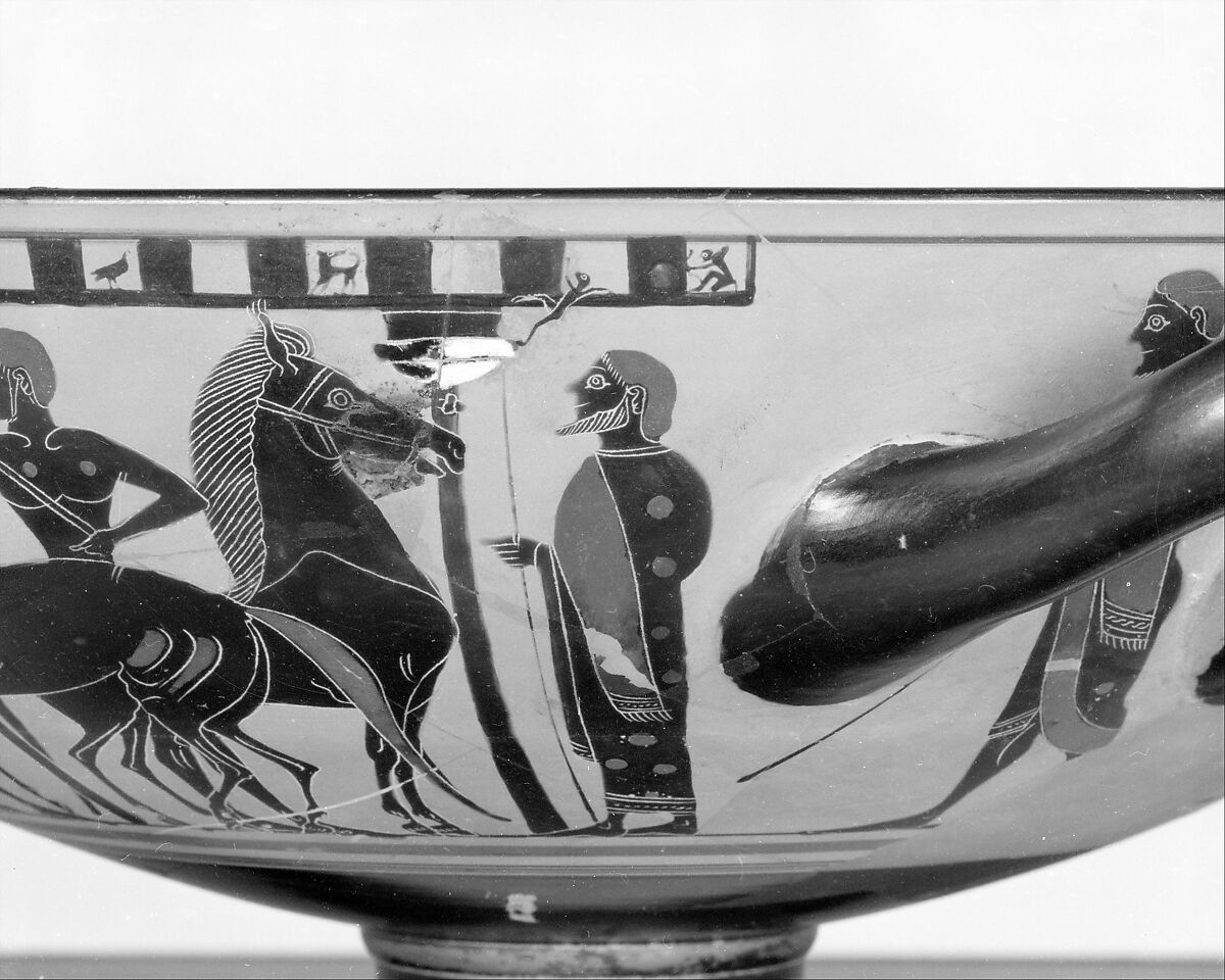 Terracotta kylix (drinking cup), Attributed to the Amasis Painter, Terracotta, Greek, Attic