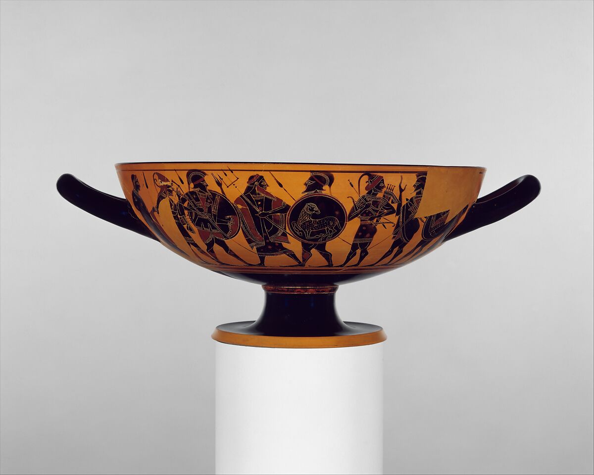 Terracotta kylix (drinking cup), Attributed to the Amasis Painter, Terracotta, Greek, Attic