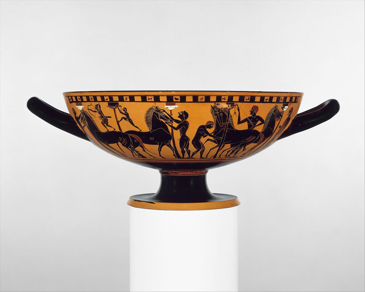 Terracotta kylix (drinking cup), Attributed to the Amasis Painter, Terracotta, Greek, Attic 