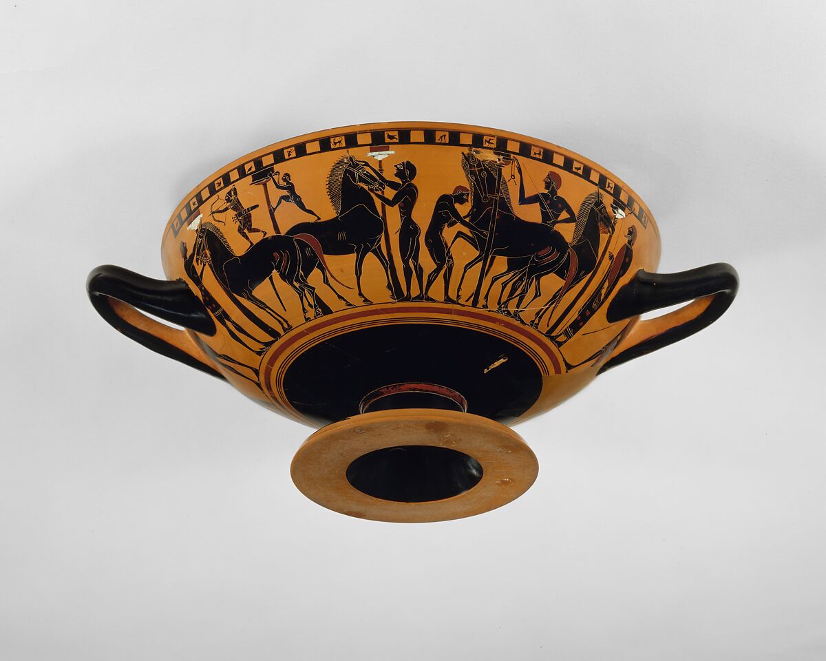 Terracotta kylix (drinking cup), Attributed to the Amasis Painter, Terracotta, Greek, Attic