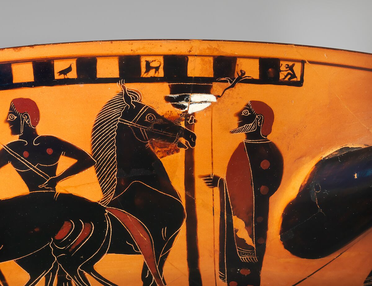Terracotta kylix (drinking cup), Attributed to the Amasis Painter, Terracotta, Greek, Attic