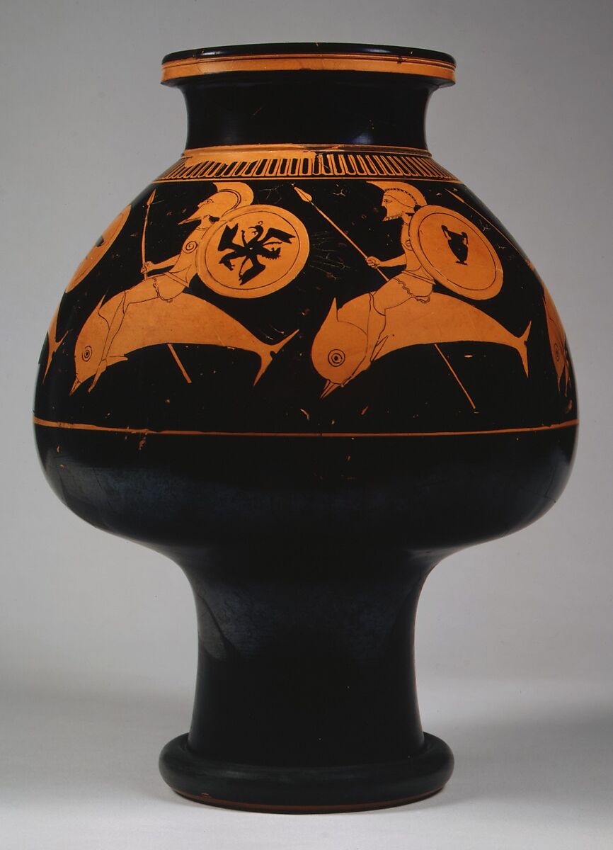 Terracotta psykter (vase for cooling wine), Attributed to Oltos, Terracotta, Greek, Attic