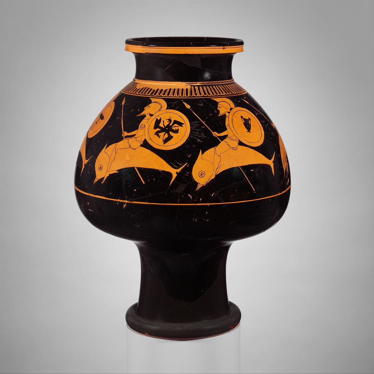 Terracotta psykter (vase for cooling wine), Attributed to Oltos, Terracotta, Greek, Attic 