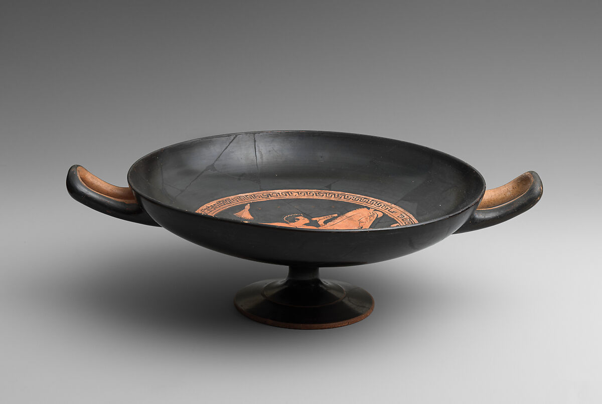 Terracotta kylix (drinking cup), Attributed to Onesimos, Terracotta, Greek, Attic