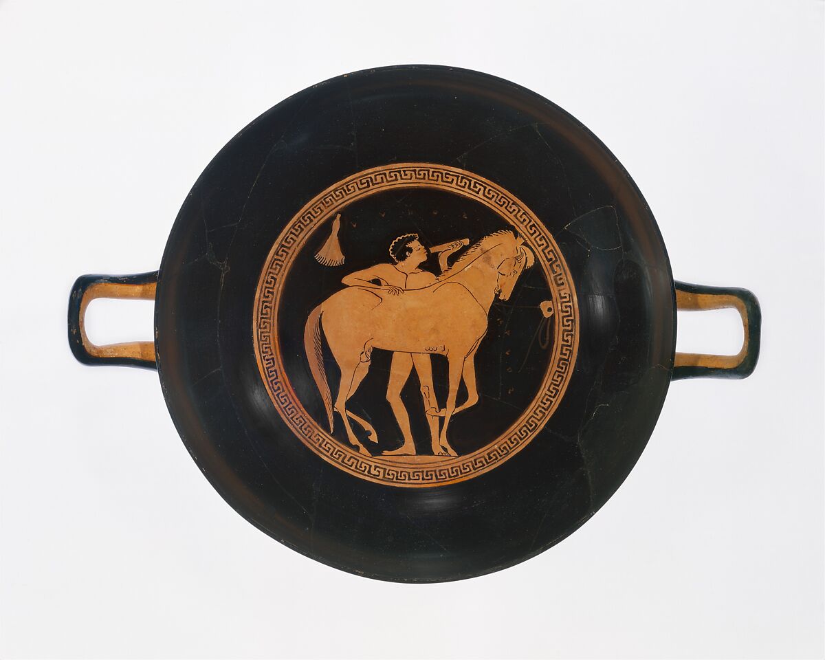 Terracotta kylix (drinking cup), Attributed to Onesimos, Terracotta, Greek, Attic 