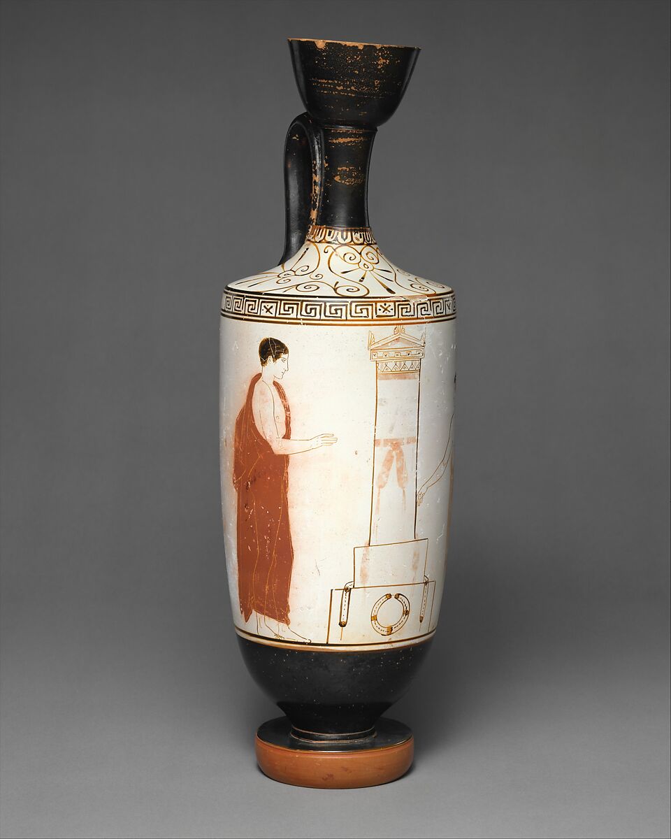 Terracotta lekythos (oil flask), Attributed to the Achilles Painter, Terracotta, Greek, Attic 