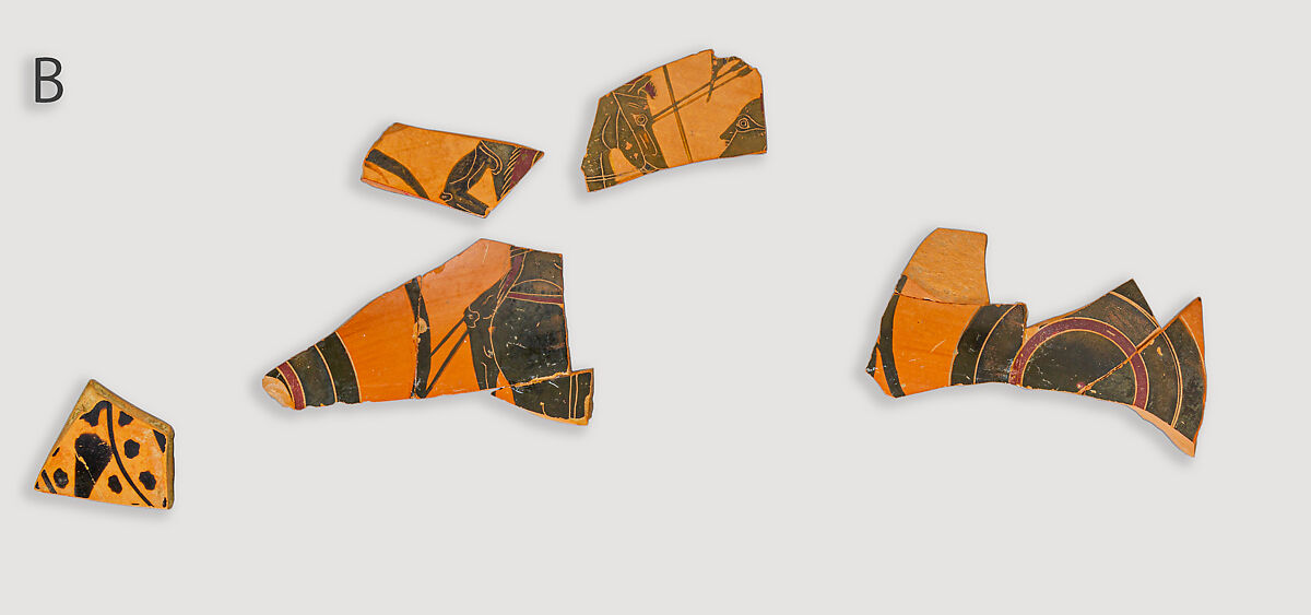 Kylix, eye-cup fragments, Terracotta, Greek, Attic