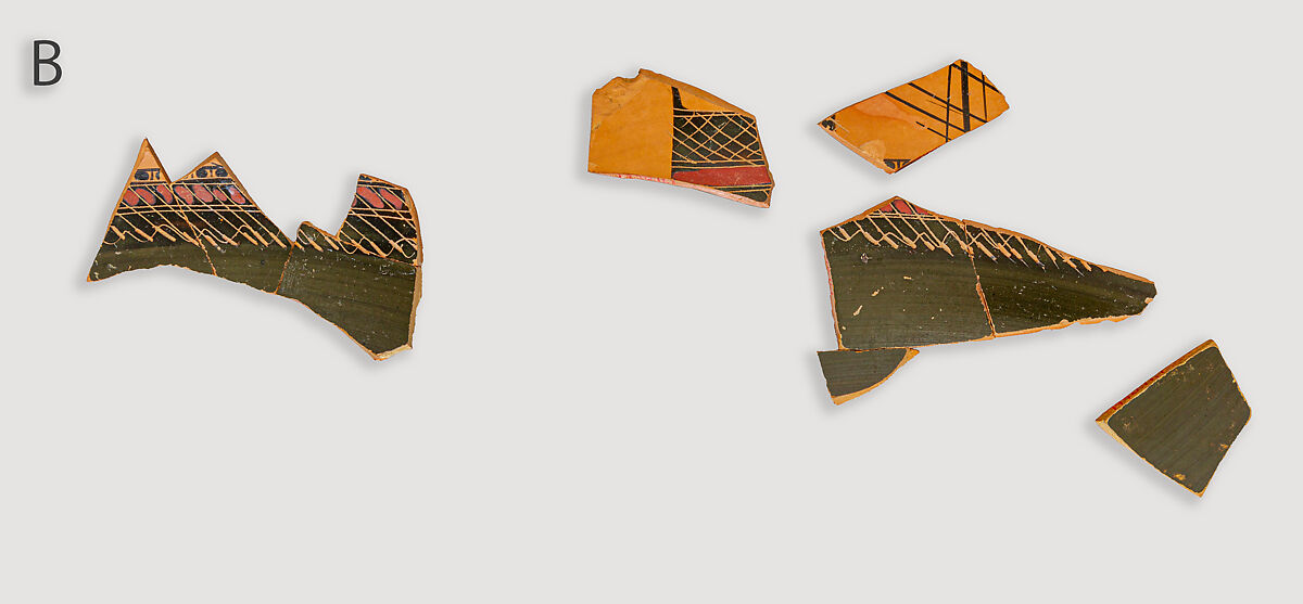 Kylix, eye-cup fragments, Terracotta, Greek, Attic
