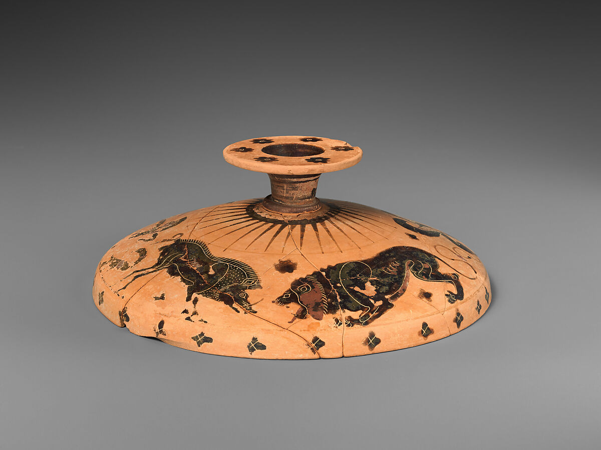Terracotta lid of a lekanis (lidded bowl), Terracotta, Greek, Chalcidian