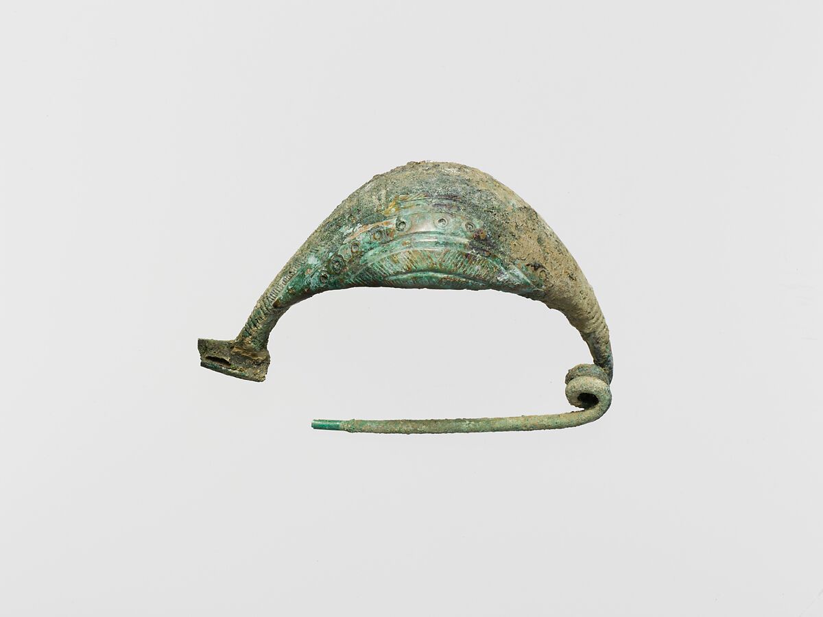 Bronze navicella-type fibula (safety pin), Bronze, Etruscan 