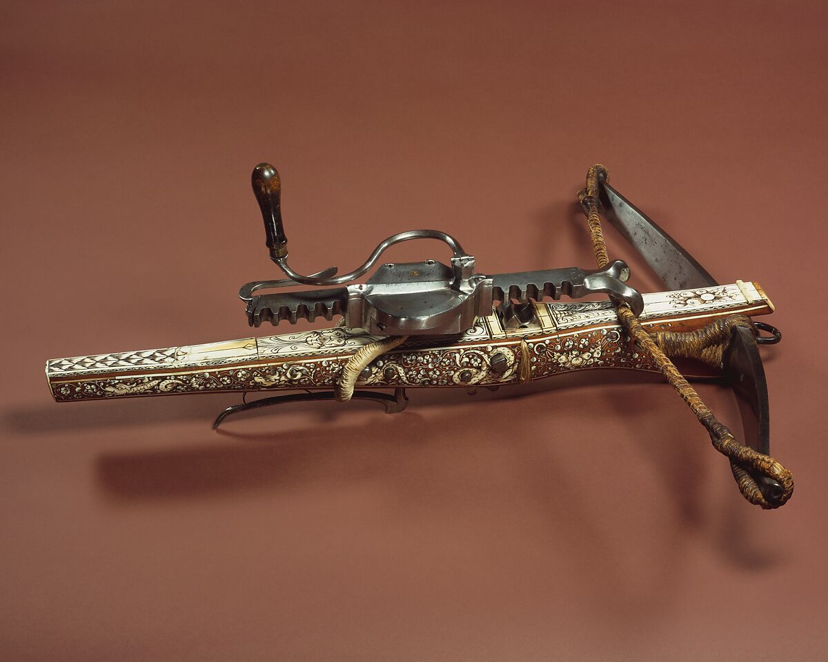 Crossbow, Cranequin and Six Crossbow Bolts, Steel, wood (probably cherry, and possibly service tree), ivory (probably elephant), horn, mother-of-pearl, iron alloy, copper alloy, hemp, southern German or Tyrolese; cranequin probably German or Swiss