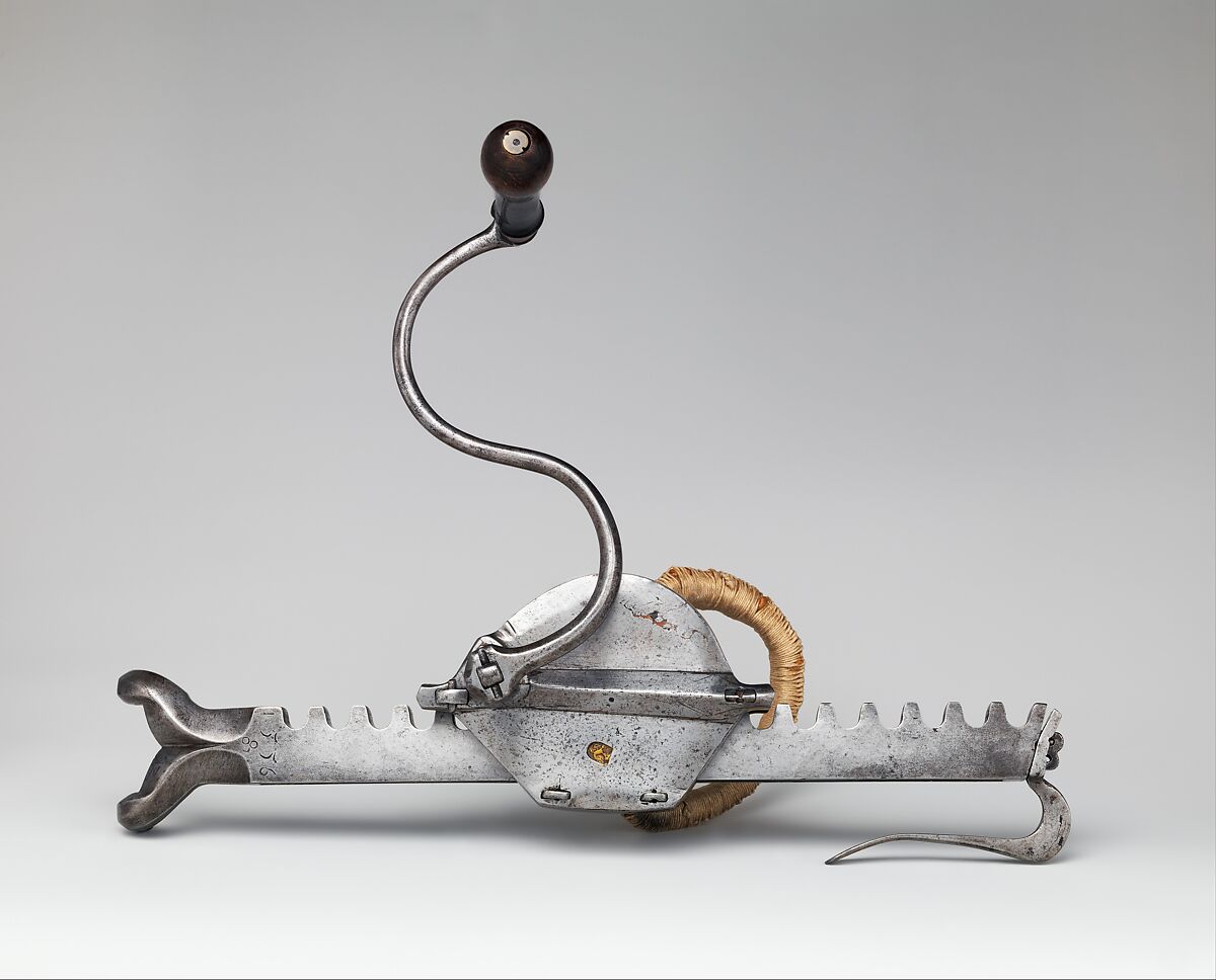 Crossbow, Cranequin and Six Crossbow Bolts, Steel, wood (probably cherry, and possibly service tree), ivory (probably elephant), horn, mother-of-pearl, iron alloy, copper alloy, hemp, southern German or Tyrolese; cranequin probably German or Swiss