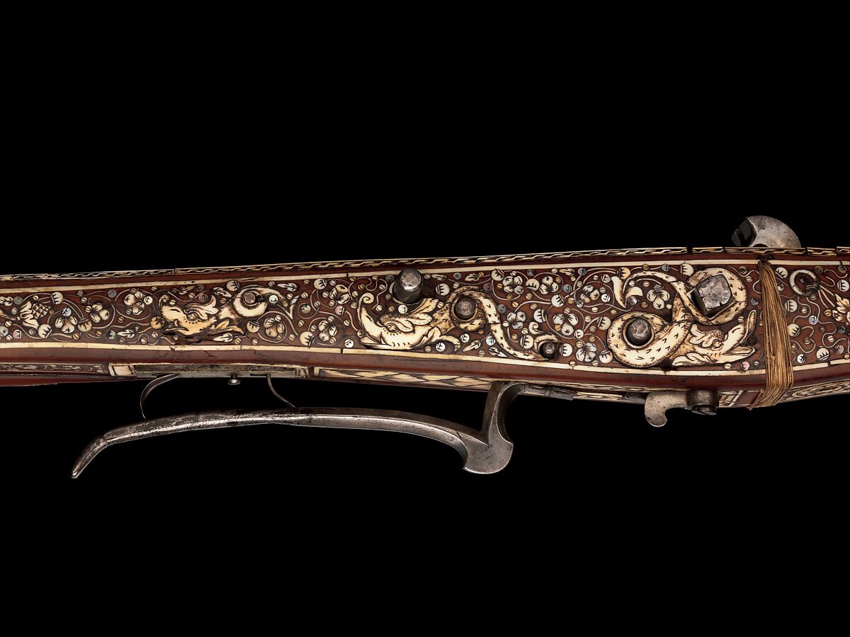 Crossbow, Cranequin and Six Crossbow Bolts, Steel, wood (probably cherry, and possibly service tree), ivory (probably elephant), horn, mother-of-pearl, iron alloy, copper alloy, hemp, southern German or Tyrolese; cranequin probably German or Swiss