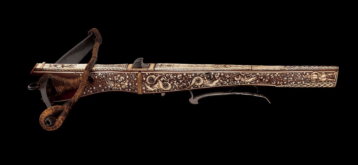 Crossbow, Cranequin and Six Crossbow Bolts, Steel, wood (probably cherry, and possibly service tree), ivory (probably elephant), horn, mother-of-pearl, iron alloy, copper alloy, hemp, southern German or Tyrolese; cranequin probably German or Swiss