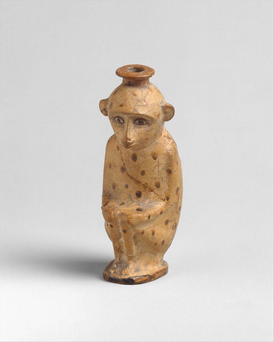 Terracotta aryballos (perfume vase) in the form of a monkey, Terracotta, Rhodian 