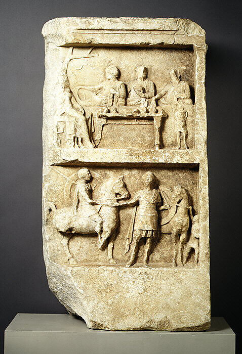 Marble grave relief with a funerary banquet and departing warriors, Marble, Greek
