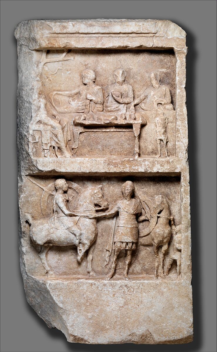 Marble grave relief with a funerary banquet and departing warriors, Marble, Greek 