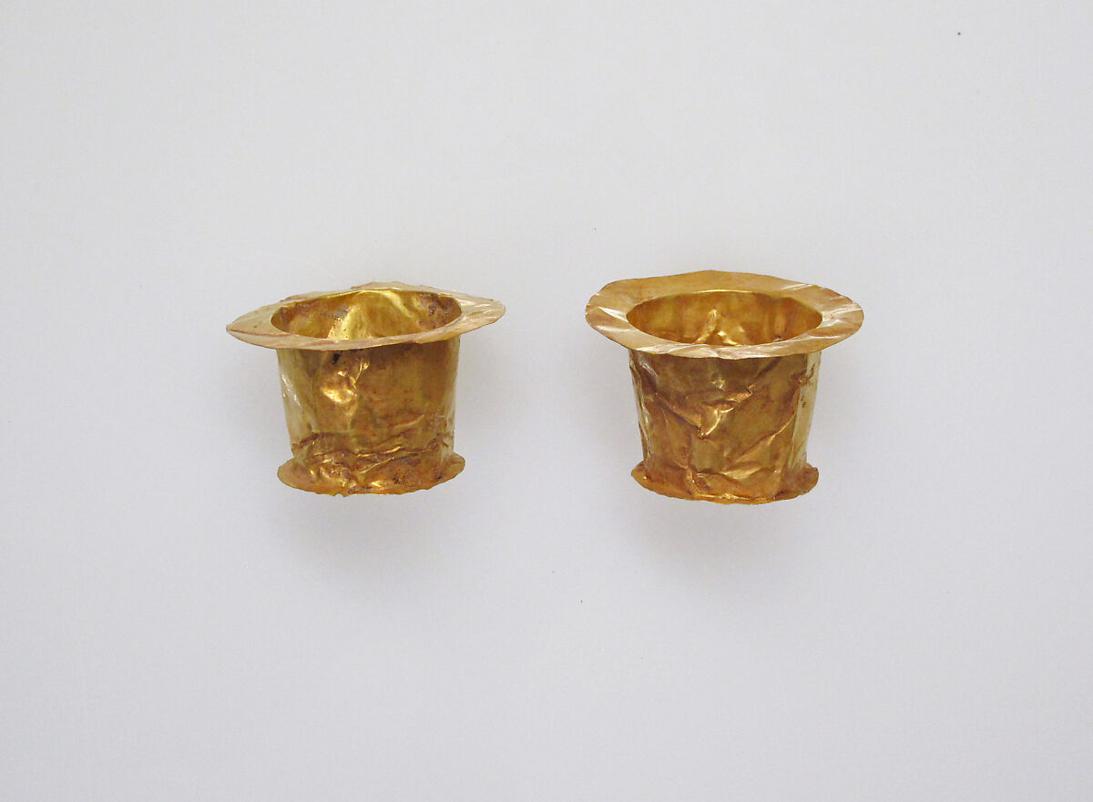 Stands, spool-shaped, pair, Gold foil, Greek or Etruscan 