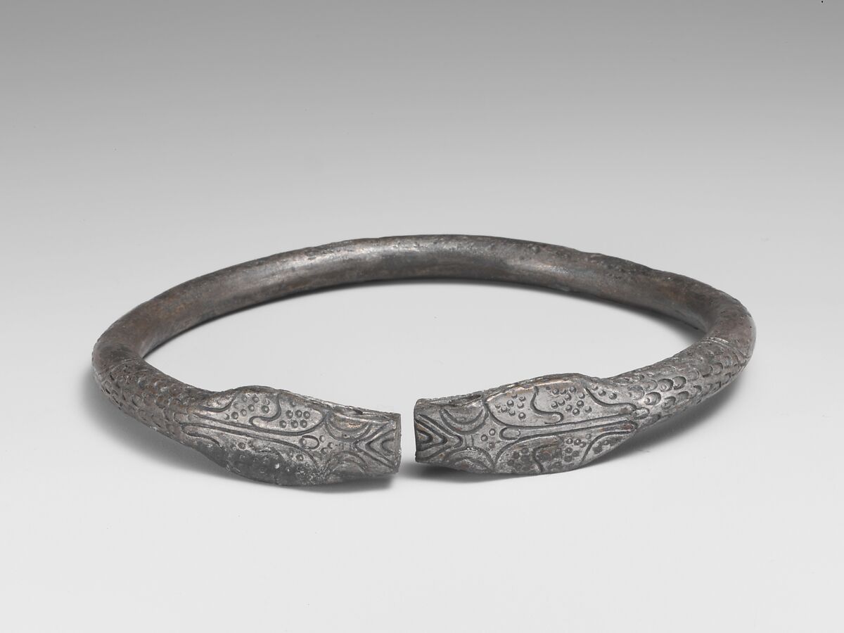 Pair of silver bracelets ending in snake's heads, Silver, Greek