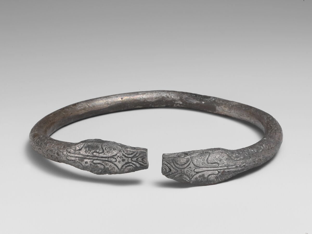 Pair of silver bracelets ending in snake's heads, Silver, Greek 