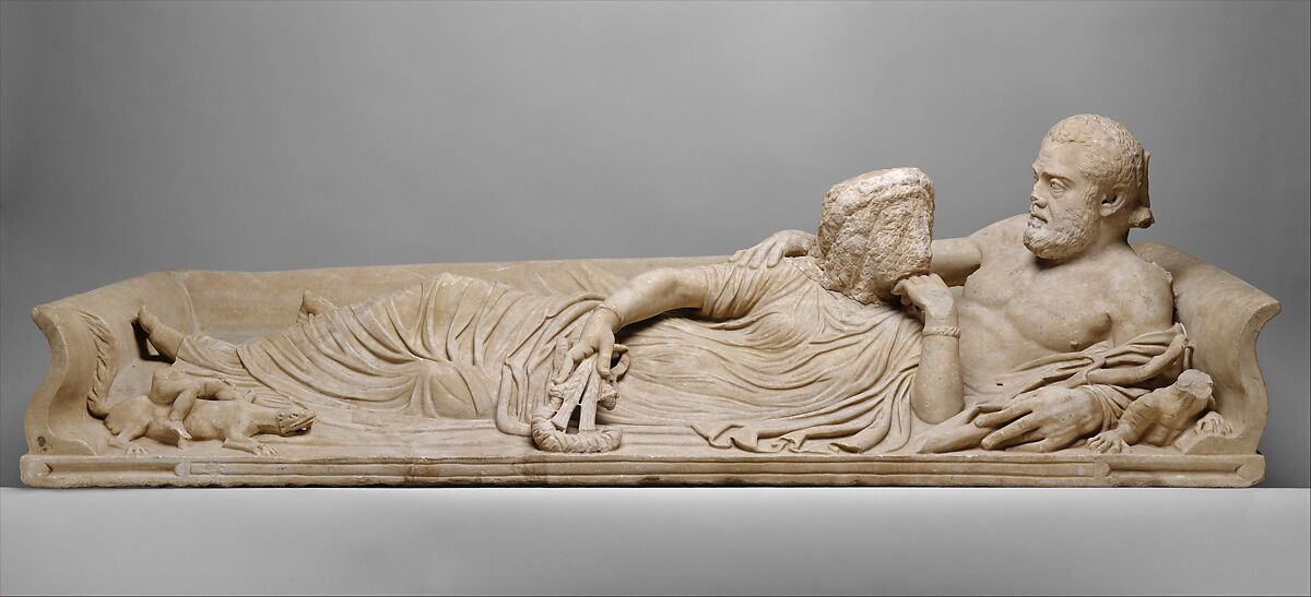 Marble sarcophagus lid with reclining couple