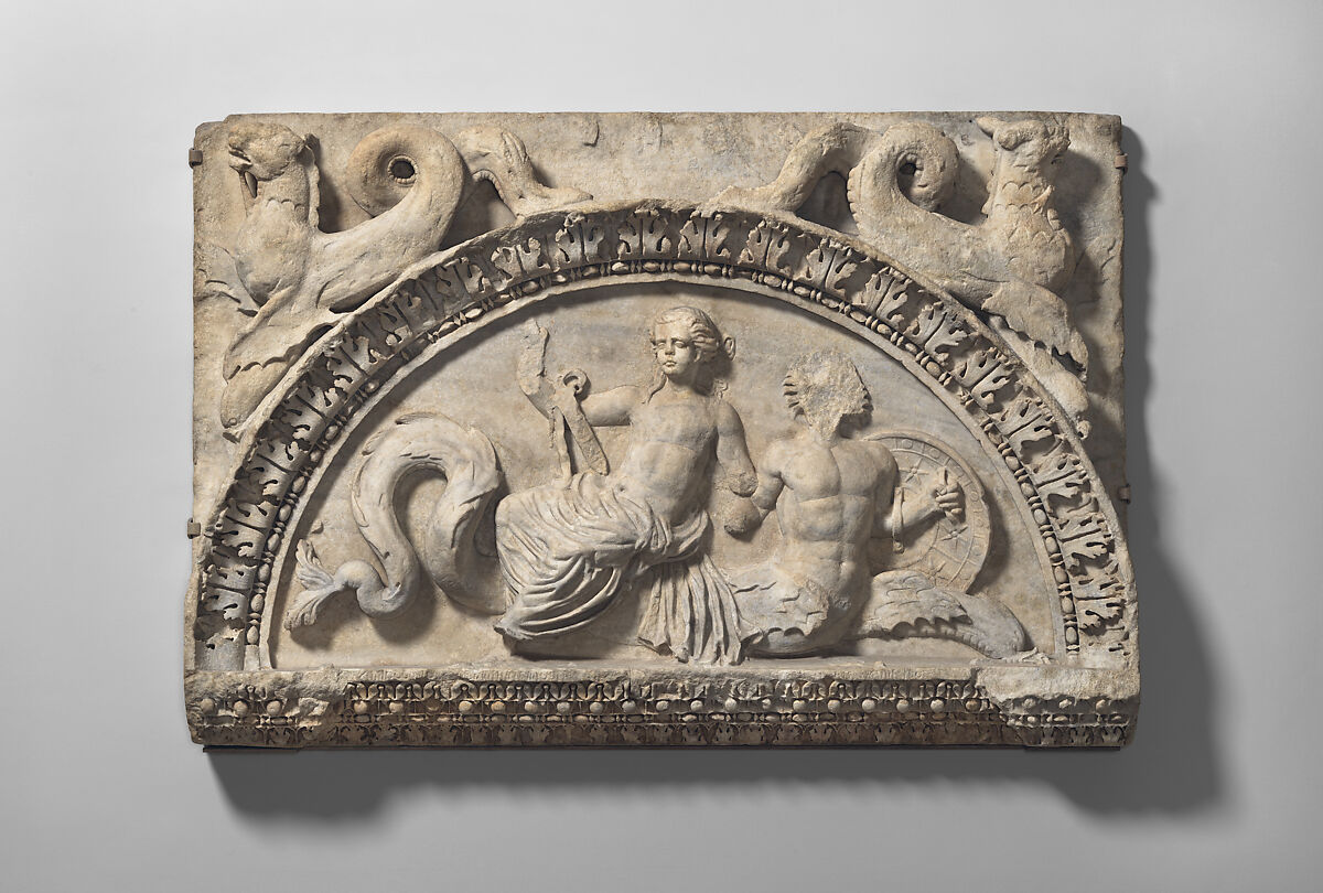 Marble lunette with Nereid riding Triton, Marble, Roman 