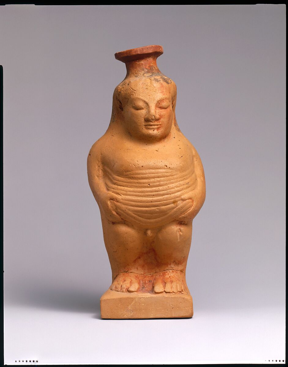 Terracotta aryballos (perfume vase) in the form of a boy, Terracotta, East Greek