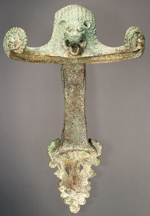 Vertical handle of a bronze hydria (water jar), Bronze, Greek