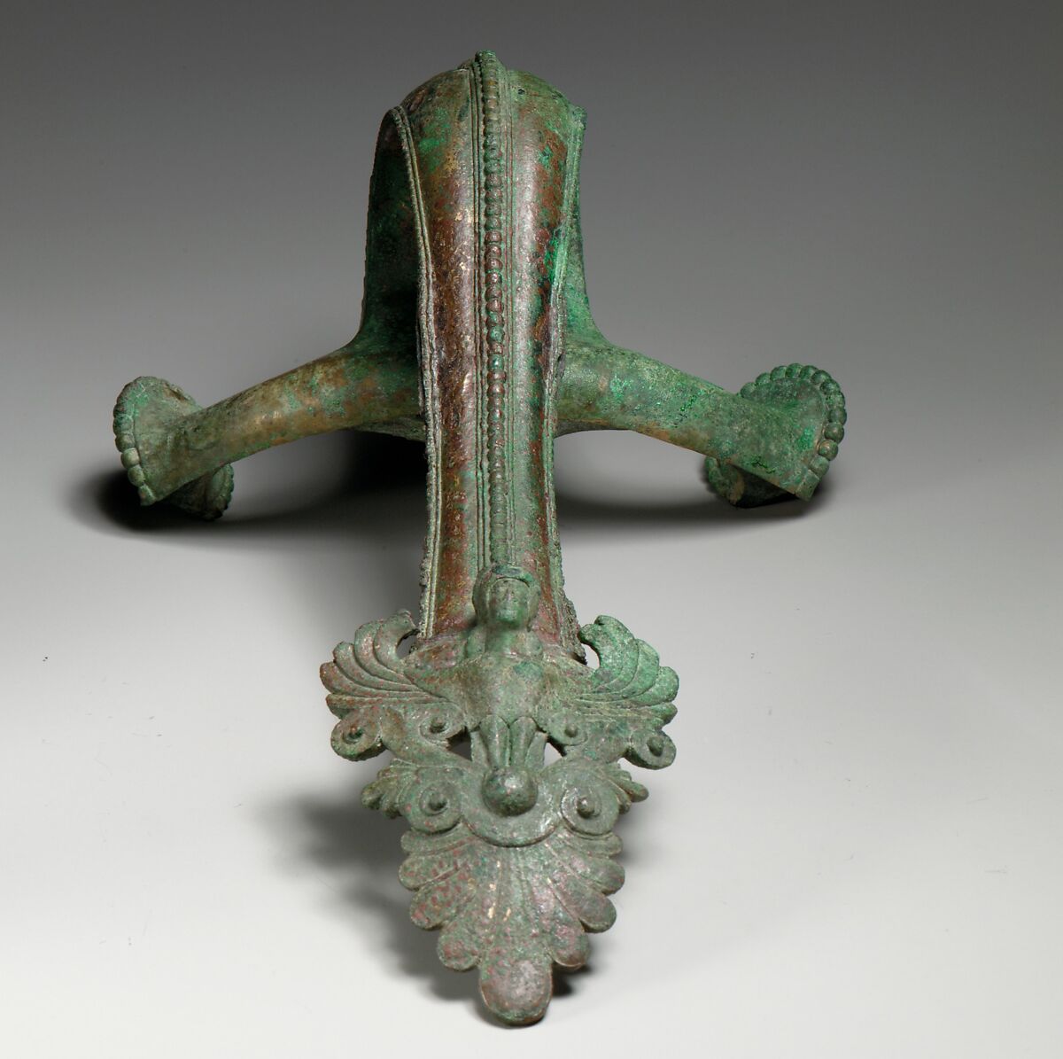 Vertical handle of a bronze hydria (water jar), Bronze, Greek 