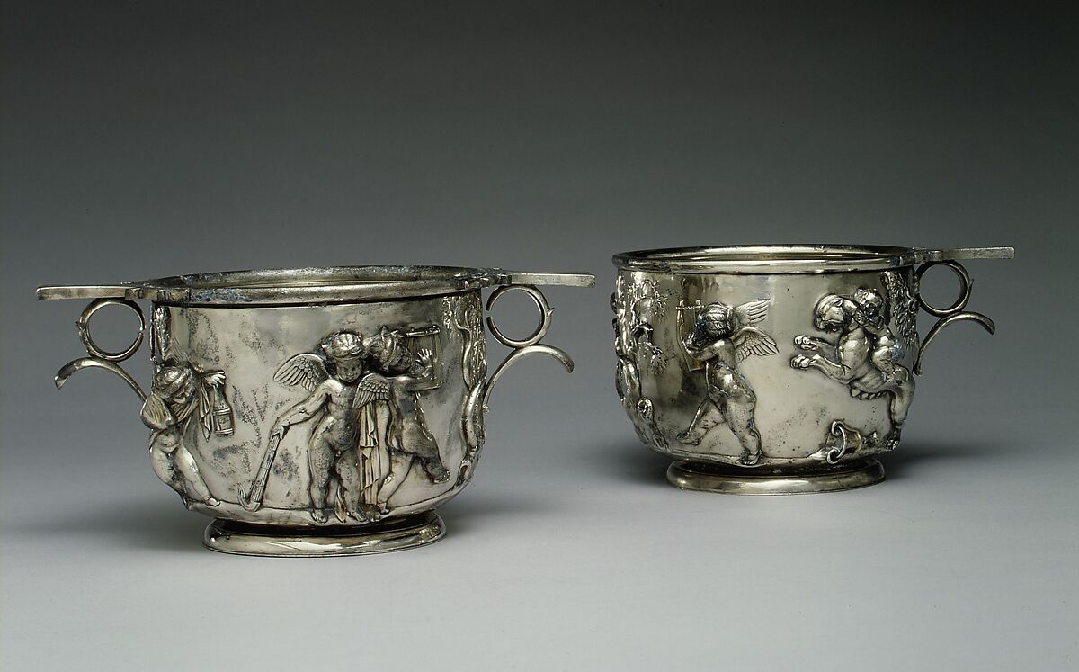 Pair of silver scyphi (cups) with relief decoration, Silver with gilding, Roman