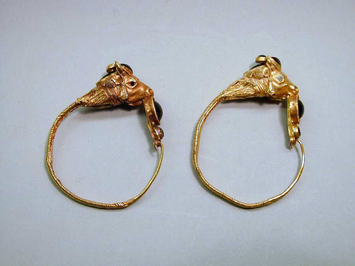 Pair of gold, garnet, enamel, and glass earrings, Gold, garnet, enamel, glass, Greek, Ptolemaic 