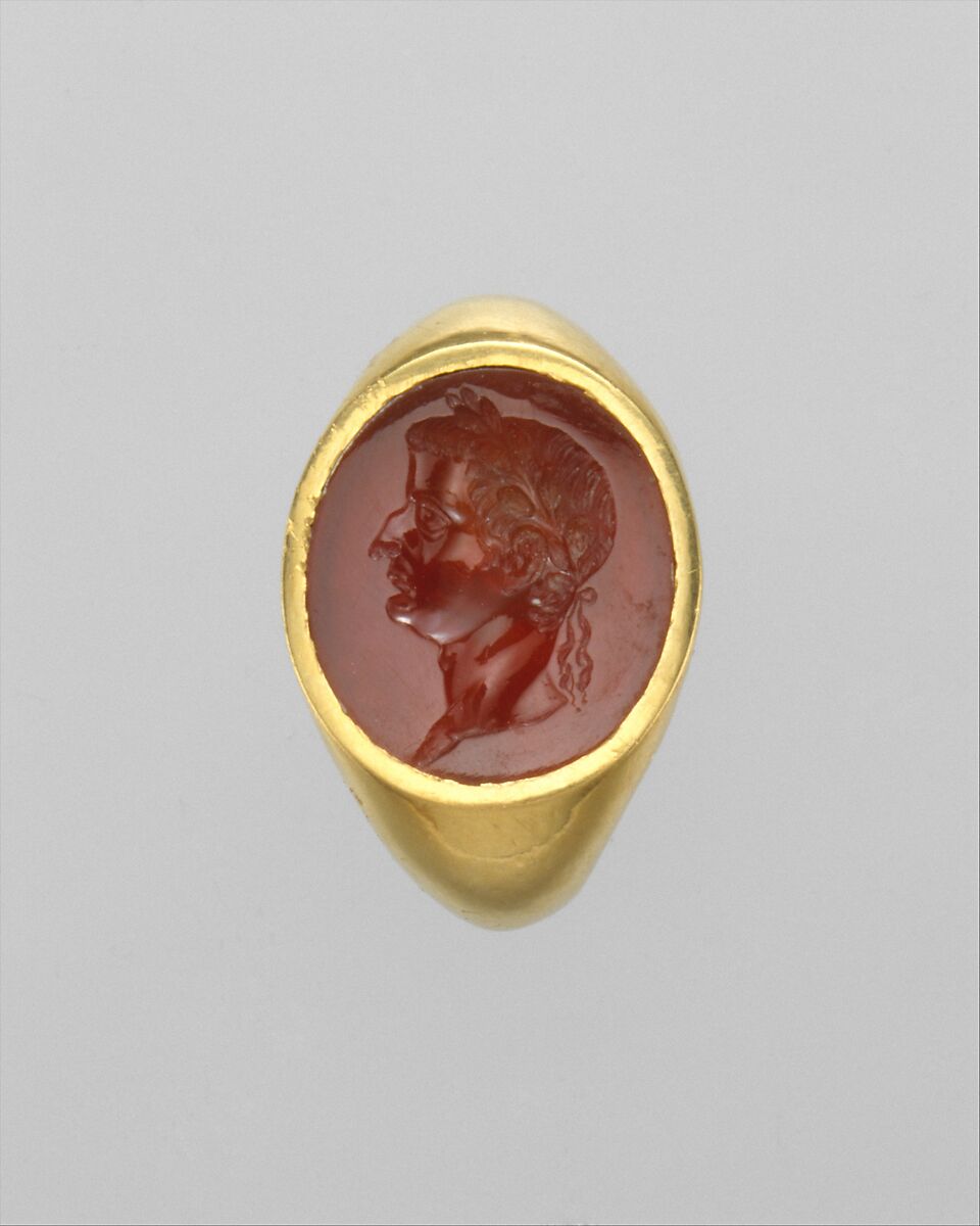 Gold ring with carnelian intaglio portrait of Tiberius, Gold, carnelian, Roman 