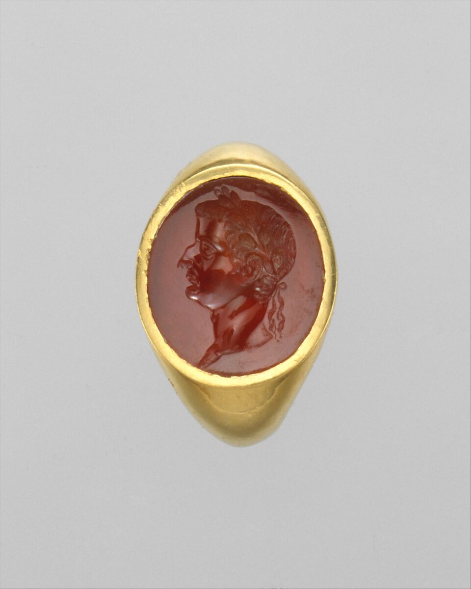 Gold ring with carnelian intaglio portrait of Tiberius, Gold, carnelian, Roman